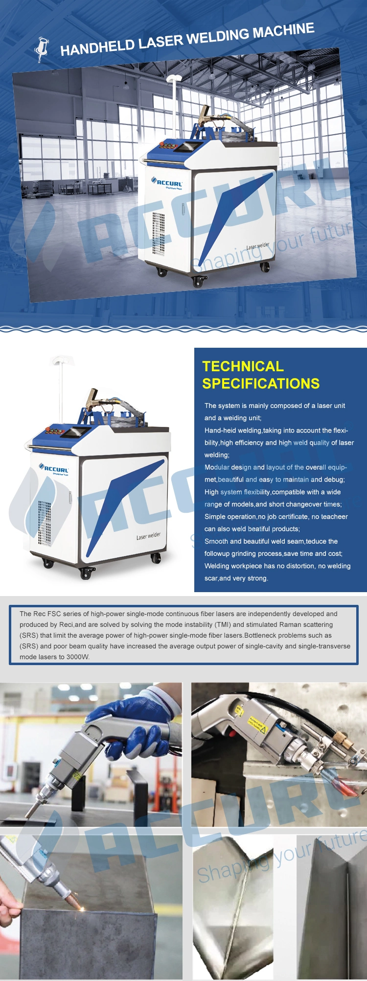 Accurl 500W Aluminum Stainless Steel Mould Handheld Fiber Laser Welding Machine